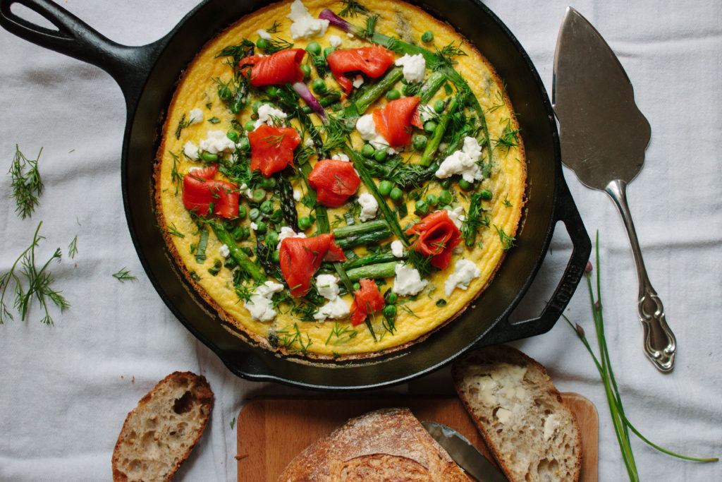 spring frittata with asparagus, goat cheese and smoked salmon
