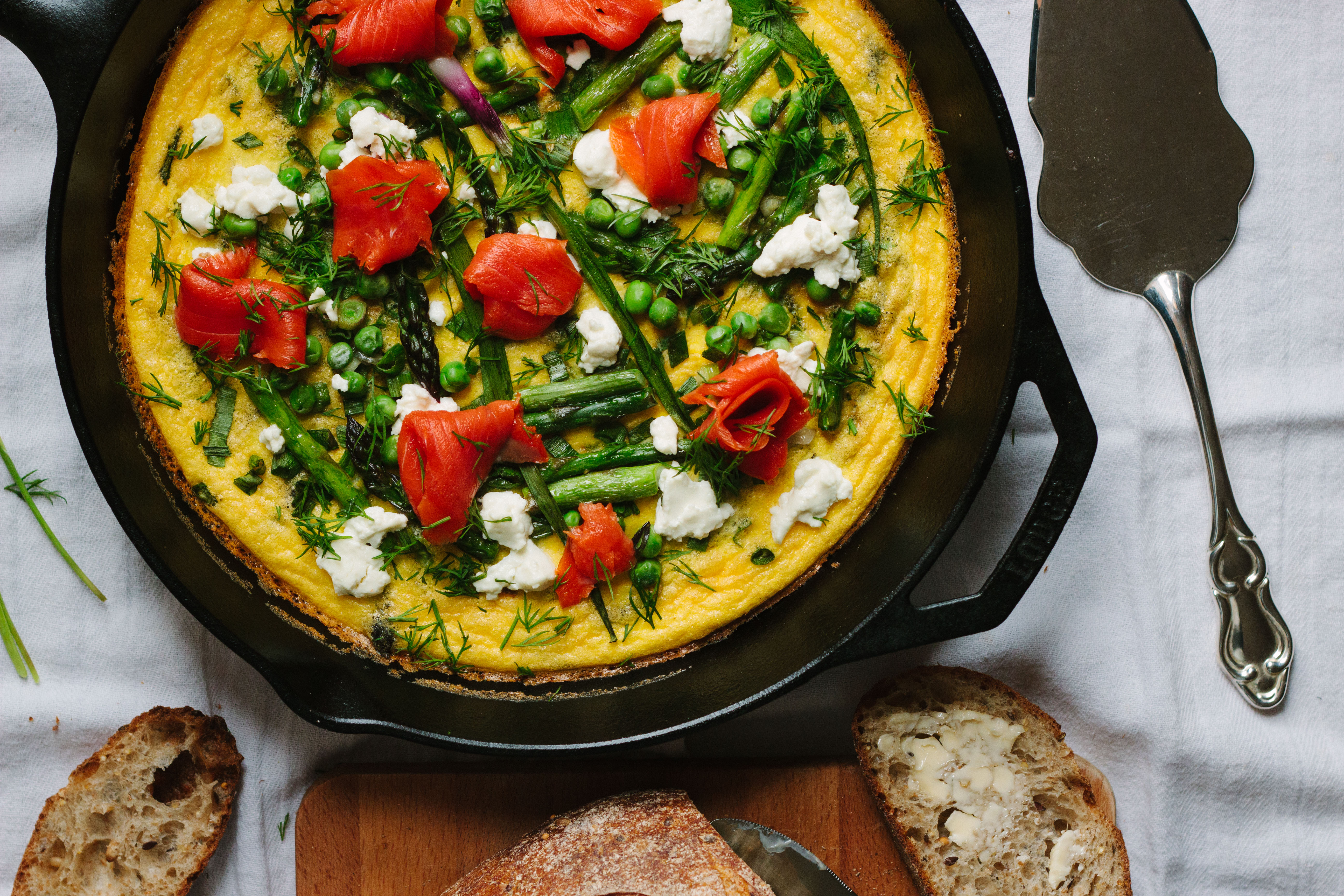 spring frittata with asparagus, goat cheese and smoked salmon