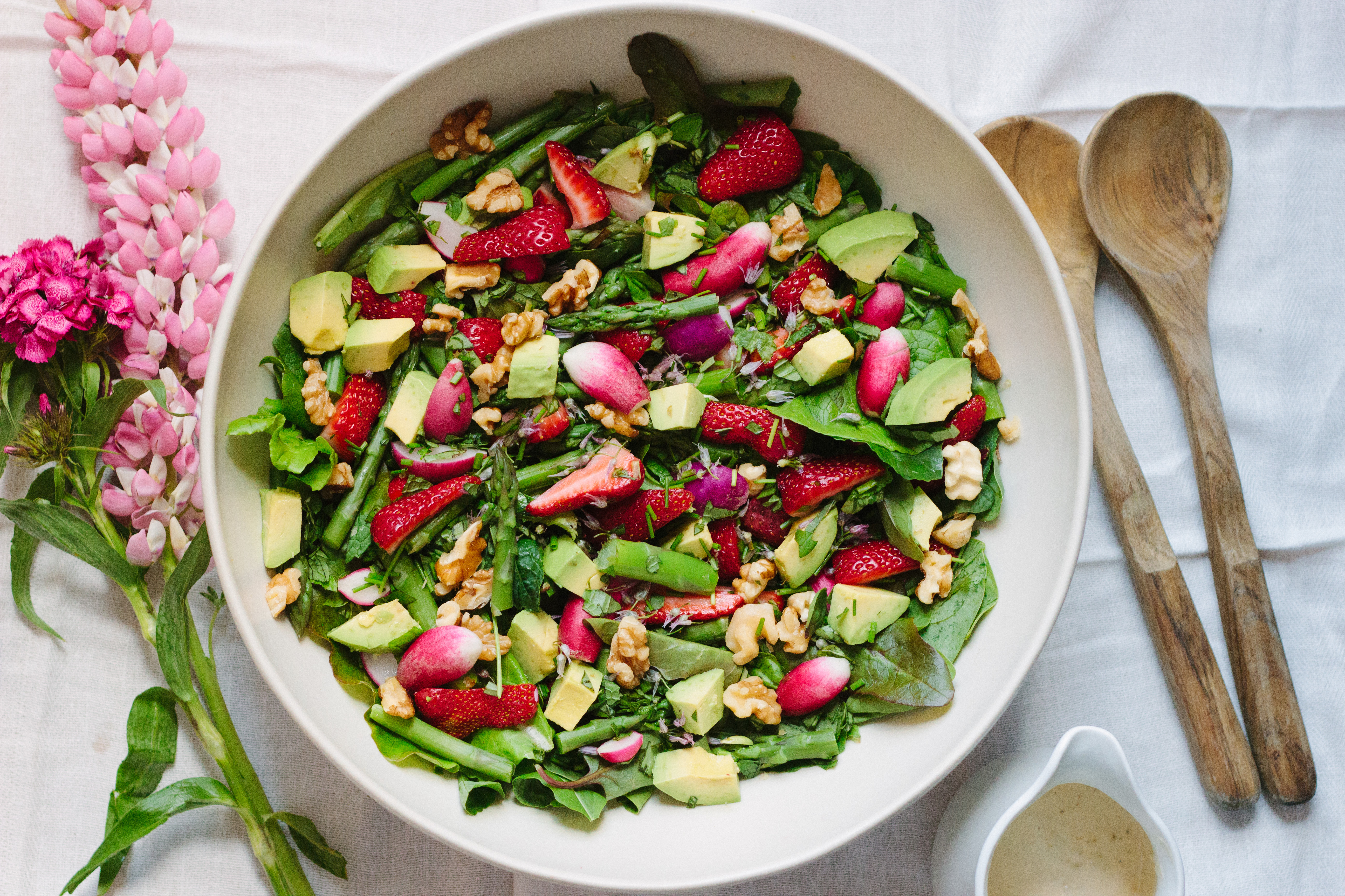 strawberry, asparagus, radish & greens salad with creamy green garlic dressing