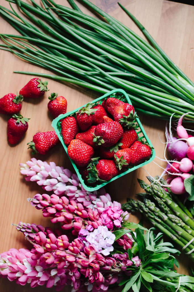 strawberry, asparagus, radish & greens salad with creamy green garlic dressing