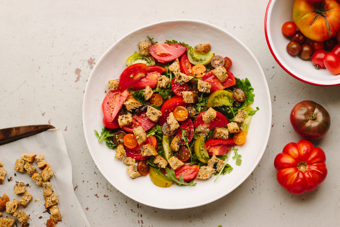 tomato salad with everything bagel spiced croutons – Michelle Arbus